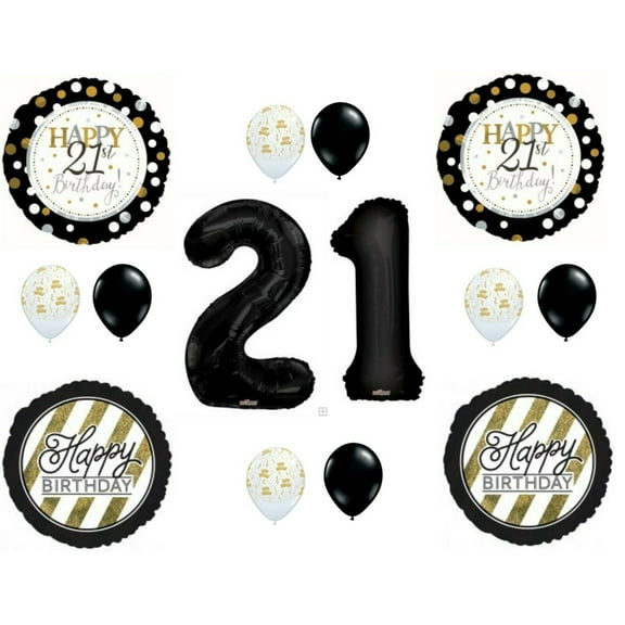 21st Happy Birthday Black & Gold Party Balloons Decoration