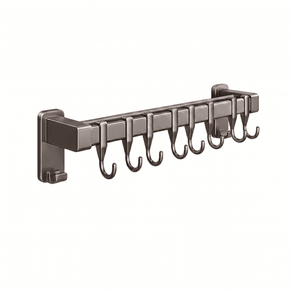 MoHern 15.75 Inch No Drill Kitchen Wall Organizer, Gunmetal Gray Multi-Purpose Utensil Rail with 8 Hooks, Rustproof Heavy Duty Storage Rack for Knives, Spoons, Lids and Cookware