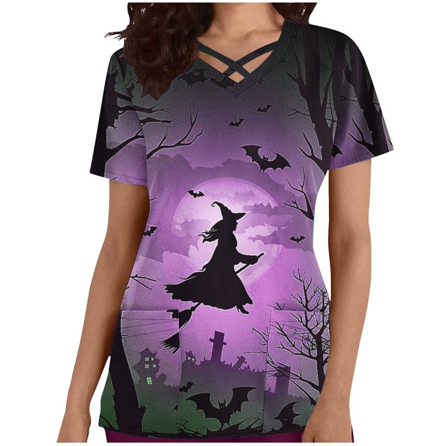 Tops Cortos para las Mujeres, Halloween Impreso en Cuello en V con Bolsillo, Moda Casual Manga Corta