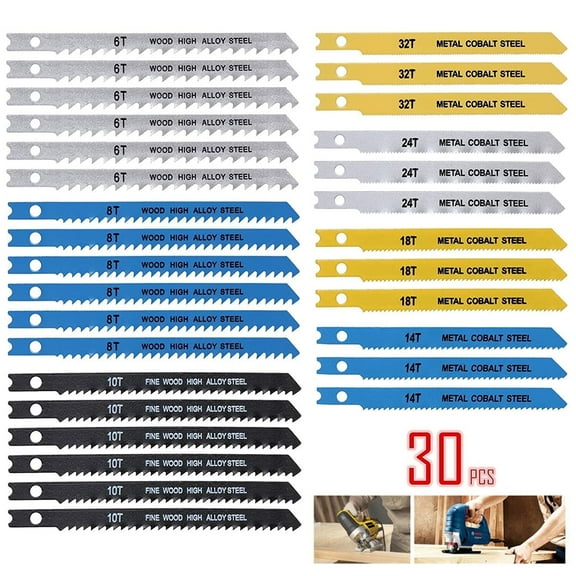 Wrvxzio 30Pcs Jigsaw Blades Sets 6 - 32TPI Jigsaw Blades U-shank Carbon Steel Saw Blade for furniture office kitchen