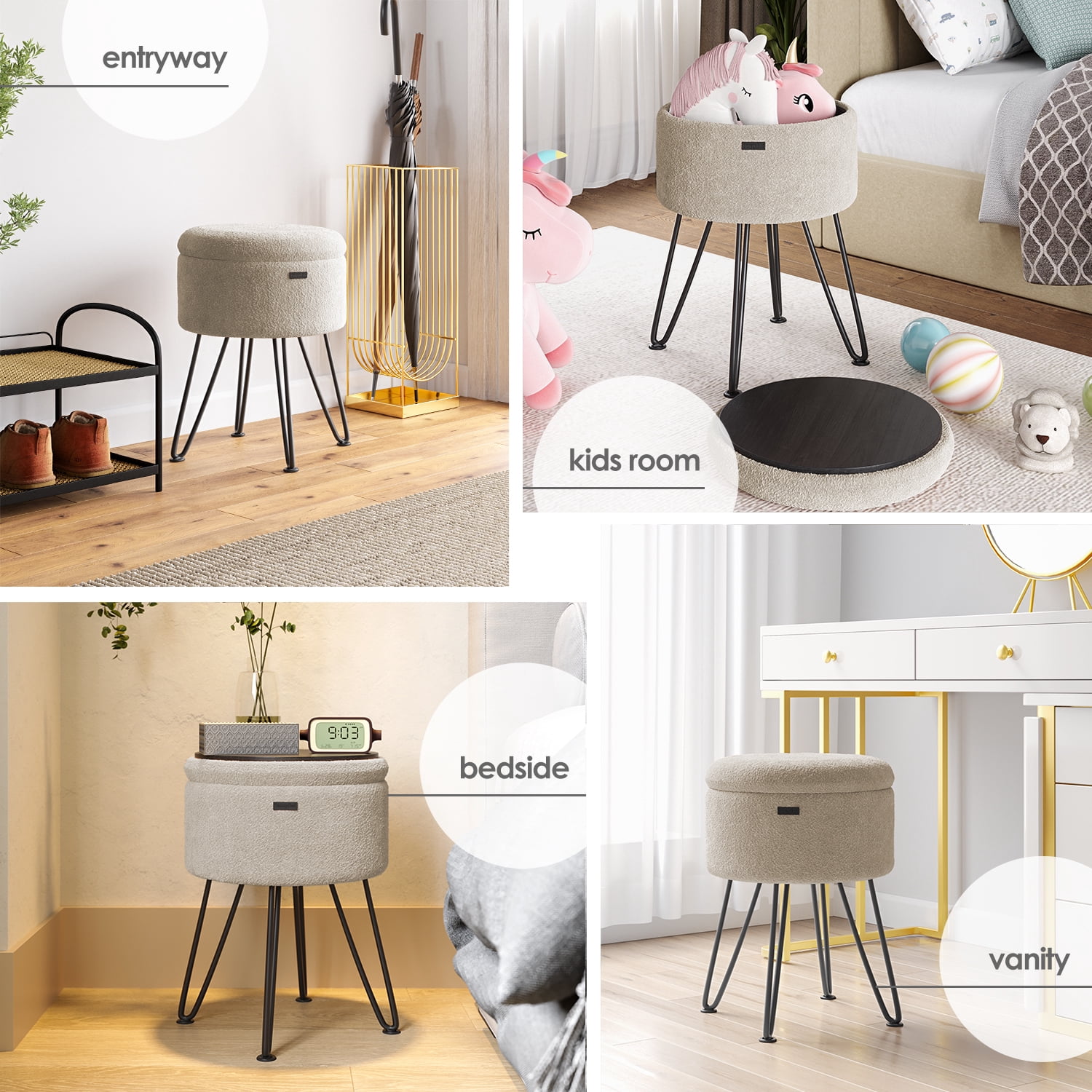 Hearth & Harbor Round Ottoman with Storage, Luxurious Foot Stool and Chic Vanity Stool with Storage, Elegant Boucle Beige