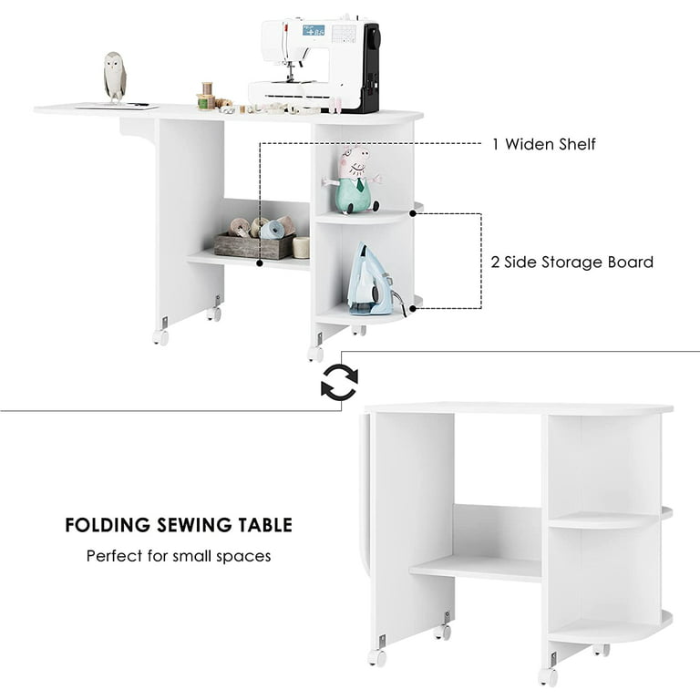 Homfa Folding Sewing Table, Multi-Functional Sewing Machine Craft Table  with Adjustable Storage Shelves Lockable Casters, Portable Rolling Craft  Cart Sturdy Wood, Brown 