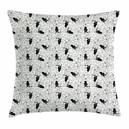 Bulldog Throw Pillow Cushion Cover, Monochrome Doodle Portraits with Paw Traces Best Friend Animal Lover, Decorative Square Accent Pillow Case, 18 X 18 Inches, Black White and Pale Grey, by