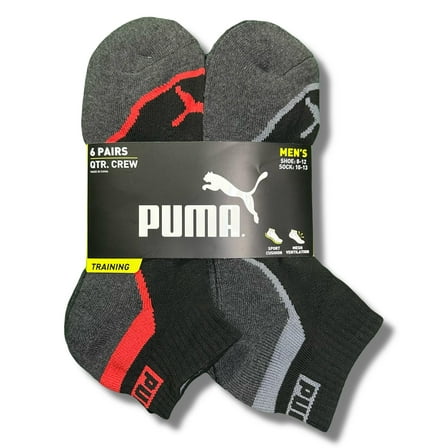 PUMA SOCKS MEN'S - QUARTER CUT - WAVE 253 - RED BLACK - LARGE (10-13) PACK 6 XX