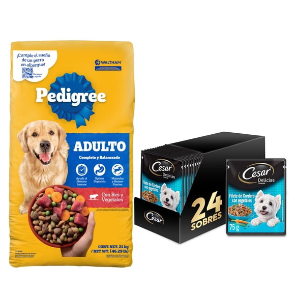Pedigree Adulto 21 kg + Caja Cesar Adulto Sobre Cordero 75 gr (24 Pzas)