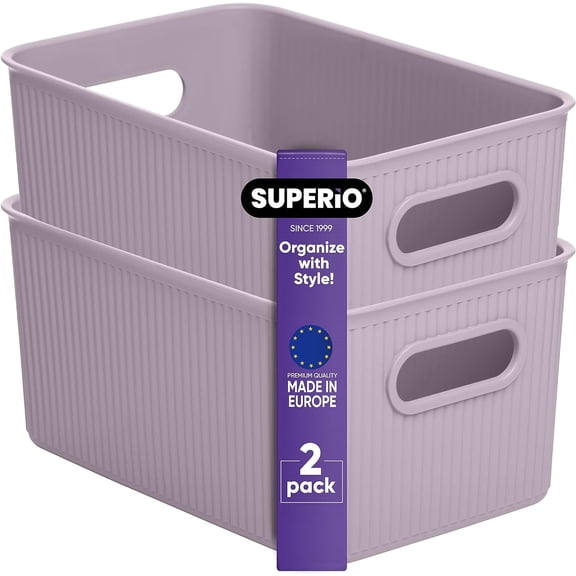 Superio Ribbed Plastic Storage Basket Organizer (2 Pack), Stackable Classic Closet Storage Bin for Shelf, Desk, Pantry- Store Toys, Clothes, Cosmetics, Stationary (Lilac, 5 Liter)