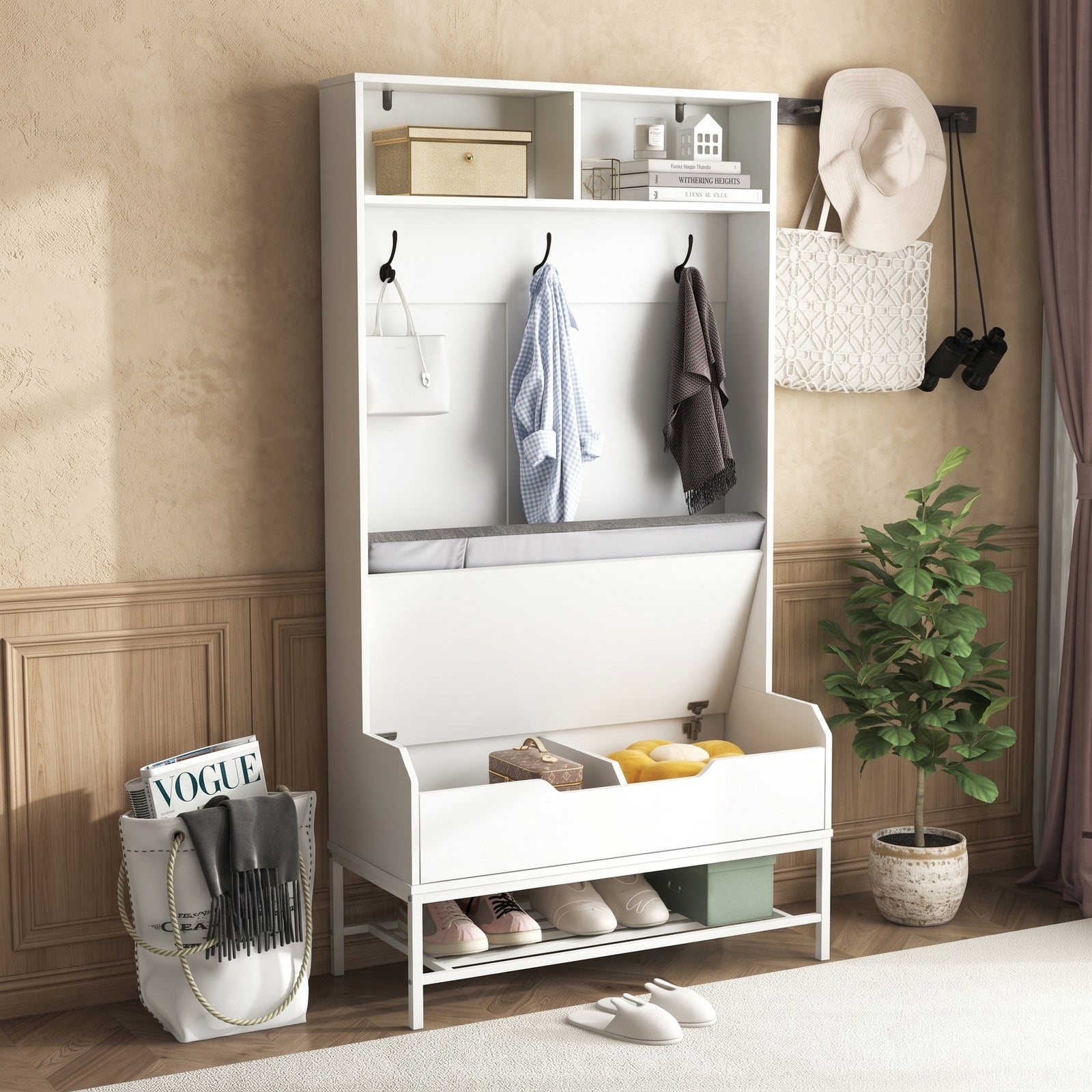 Furnibear 69 Inch Tall Hall Tree 4 in 1 Coat Rack with Cushioned Storage Bench 3 Hooks and Shoe Rack for Entryway, White