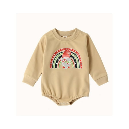 

AMILIEe Toddler Baby Boys Girls Christmas Romper Rainbow Gnome Print Long Sleeve Round Neck Bodysuit