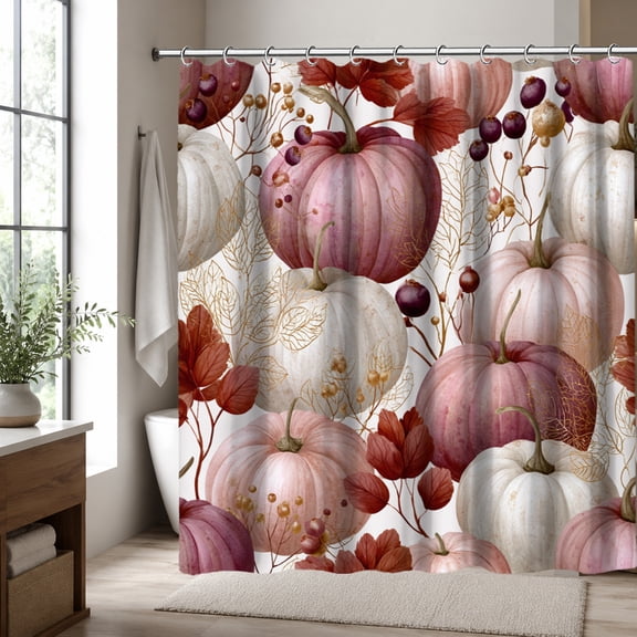 Pink Pumpkin Shower Curtain, Fall Autumn Bathroom Decor Curtain with White Pumpkin and Maple Leaf Design, Thanksgiving Harvest Shower Curtain for Farmhouse Bathroom, 70.87 x 70.87 Inch