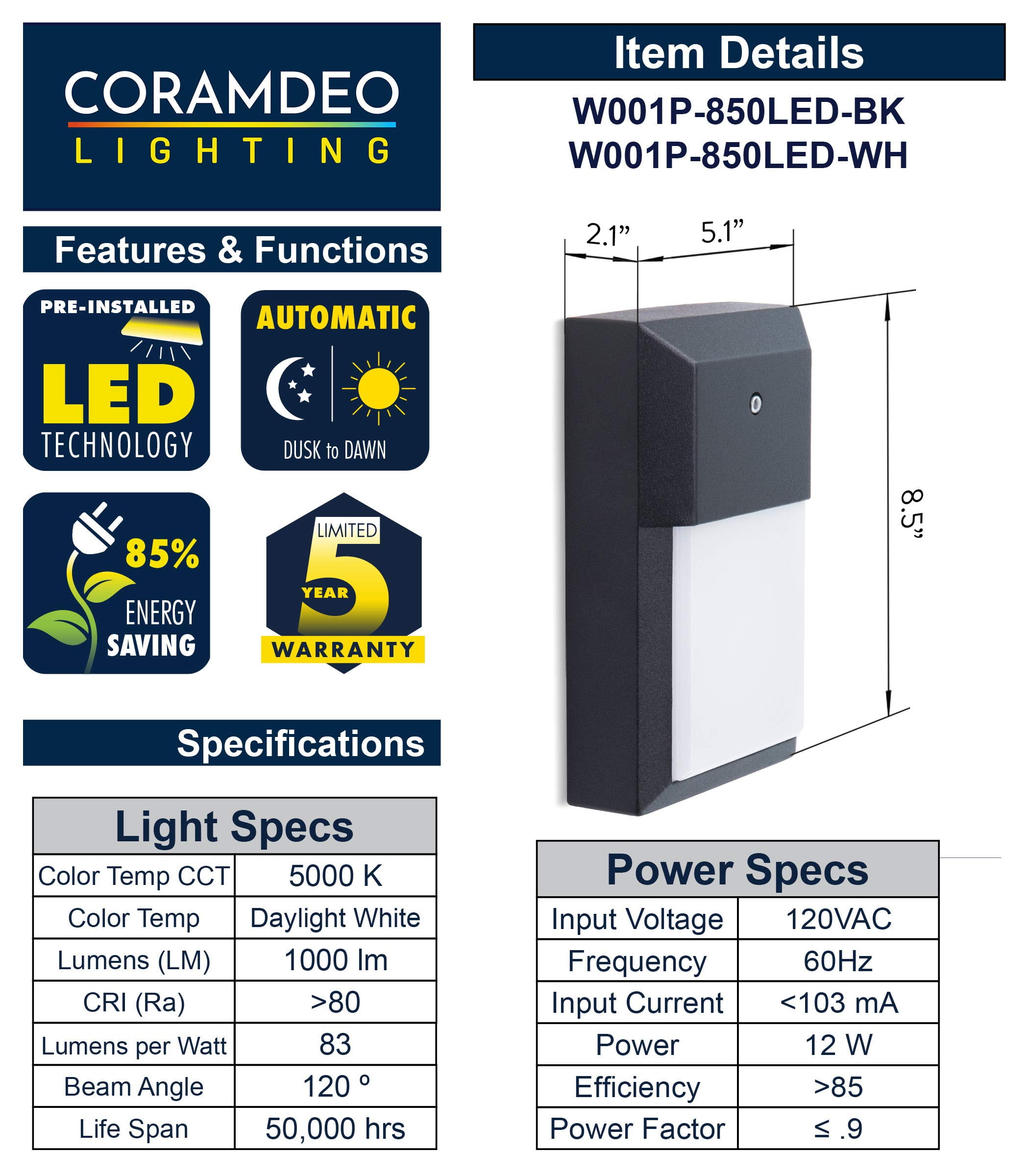 CORAMDEO Commercial Residential Outdoor LED Wall Light Dusk-to-Dawn Photocell 