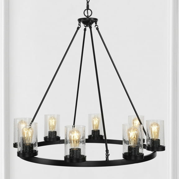 JONATHAN Y Coronet 33.5" 8-Light Iron/Seeded Glass Rustic Farmhouse Round LED Chandelier, Oil Rubbed Bronze, JYL7554A