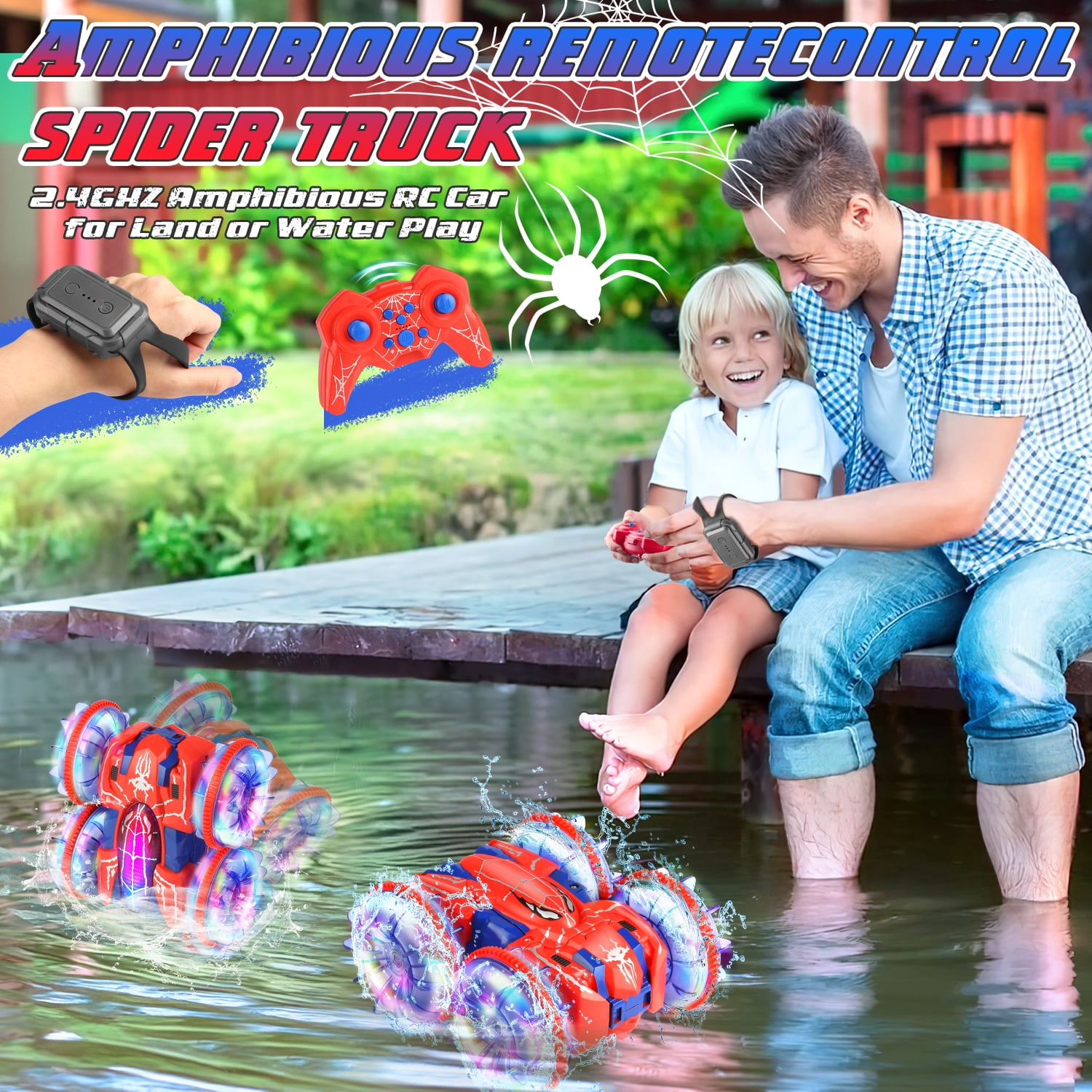 Huge Wave Amphibious RC Stunt Car for Boys, 2.4GHz 4WD Double-Sided Drift Car, Dual Gesture & Controller Control, LED Light Spider Design Vehicle Toy,Christmas Toys Gift for Kids Aged 6-12