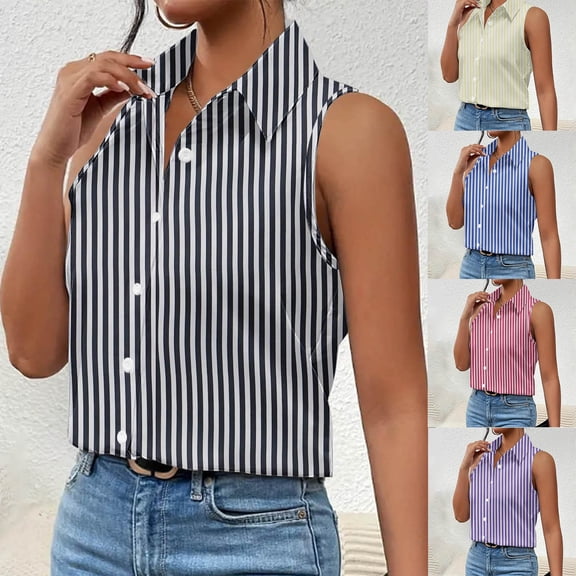 Aboser Striped Button Down Shirts for Women Business Casual Sleeveless Blouse Work Office Tank Tops Dressy Lapel Collar Beach T Shirt Loose Fit Lightweight Blouses
