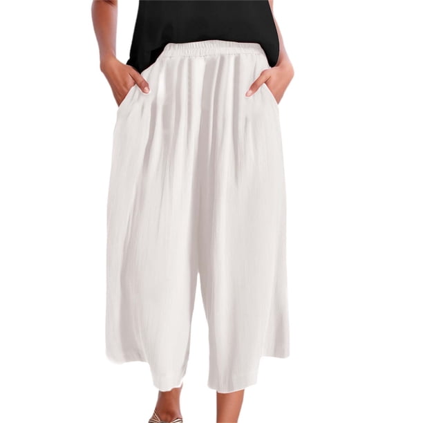 Pantalones anchos de lino con cintura elástica para mujer para el verano: pantalones informales de color liso, mezcla transpirable, tallas M-XXXXL.