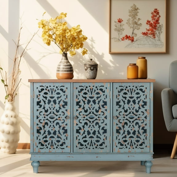 Alpha Joy  Retro 3-Door Hollow-Carved Sideboard Accent Cabinet Storage Sideboard Buffet Accent Cabinet for Living Room, Dining Room，Kitchen, Green