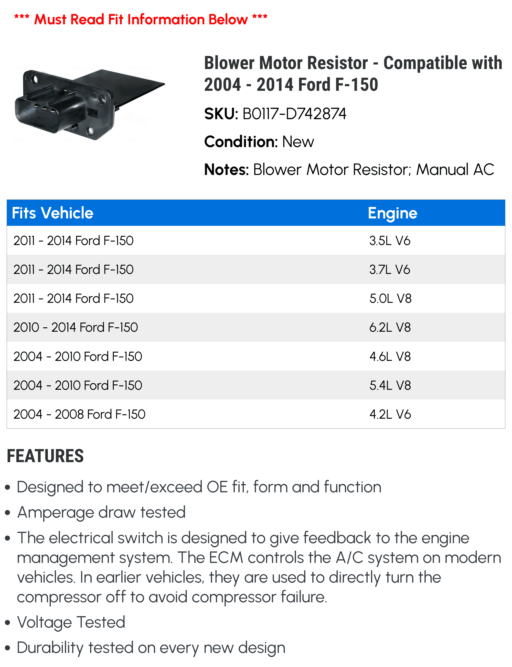 Blower Motor Resistor - Compatible with 2004 - 2014 Ford F-150 2005 2006 2007 2008 2009 2010 2011 2012 2013
