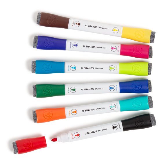 U Brands Marcadores magnéticos de borrado en seco de doble punta con borradores, juego de 12 colores surtidos, punta tipo bala (3 mm) de bajo olor