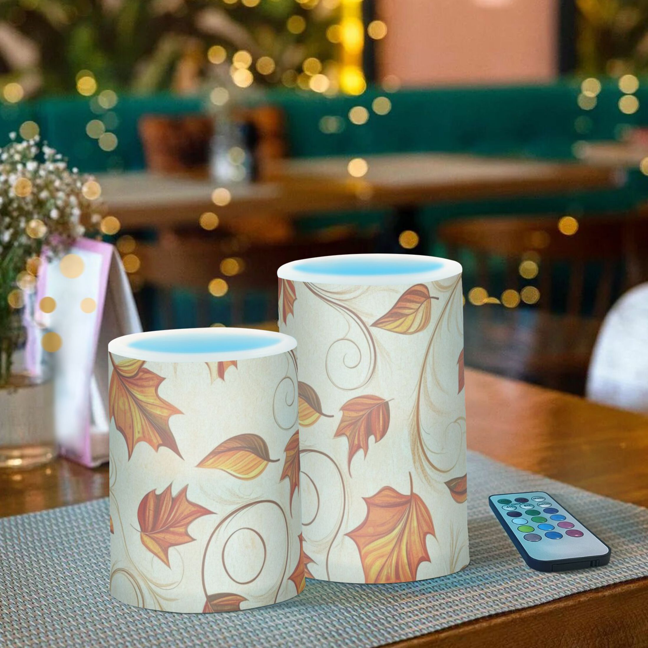 Autumn Orange Leaves Flickering Flameless Candles Battery Operated with Remote Timer LED Pillar Candles Set of 2
