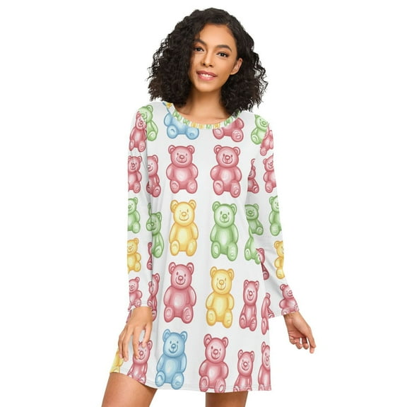 FORMRS Womens Long Sleeve Nightgowns Crew Neck Sleep Shirt Soft Pajamas Sizes S-3XL, Gummy Bear Pattern