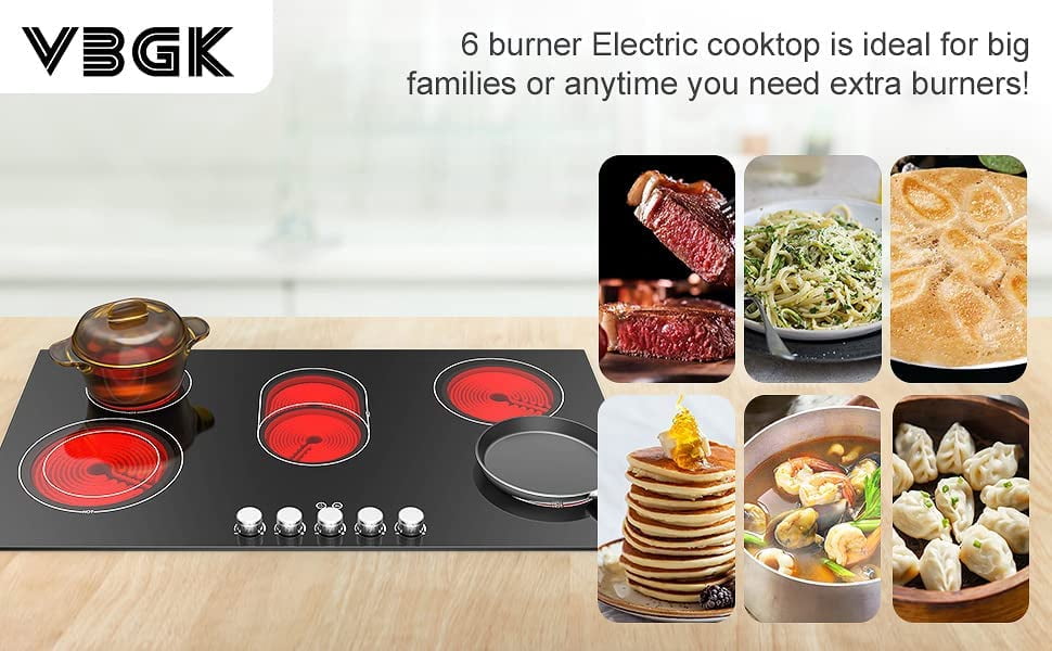 VBGK Electric Cooktop 36 inch 5 Burner Infrared Cooktop, Electric Stovetop 8600W Built-in Hot Plate for Cooking,99 Minutes Timer Electric Ceramic Cooktop 220v without Plug Compatible with All Cookware