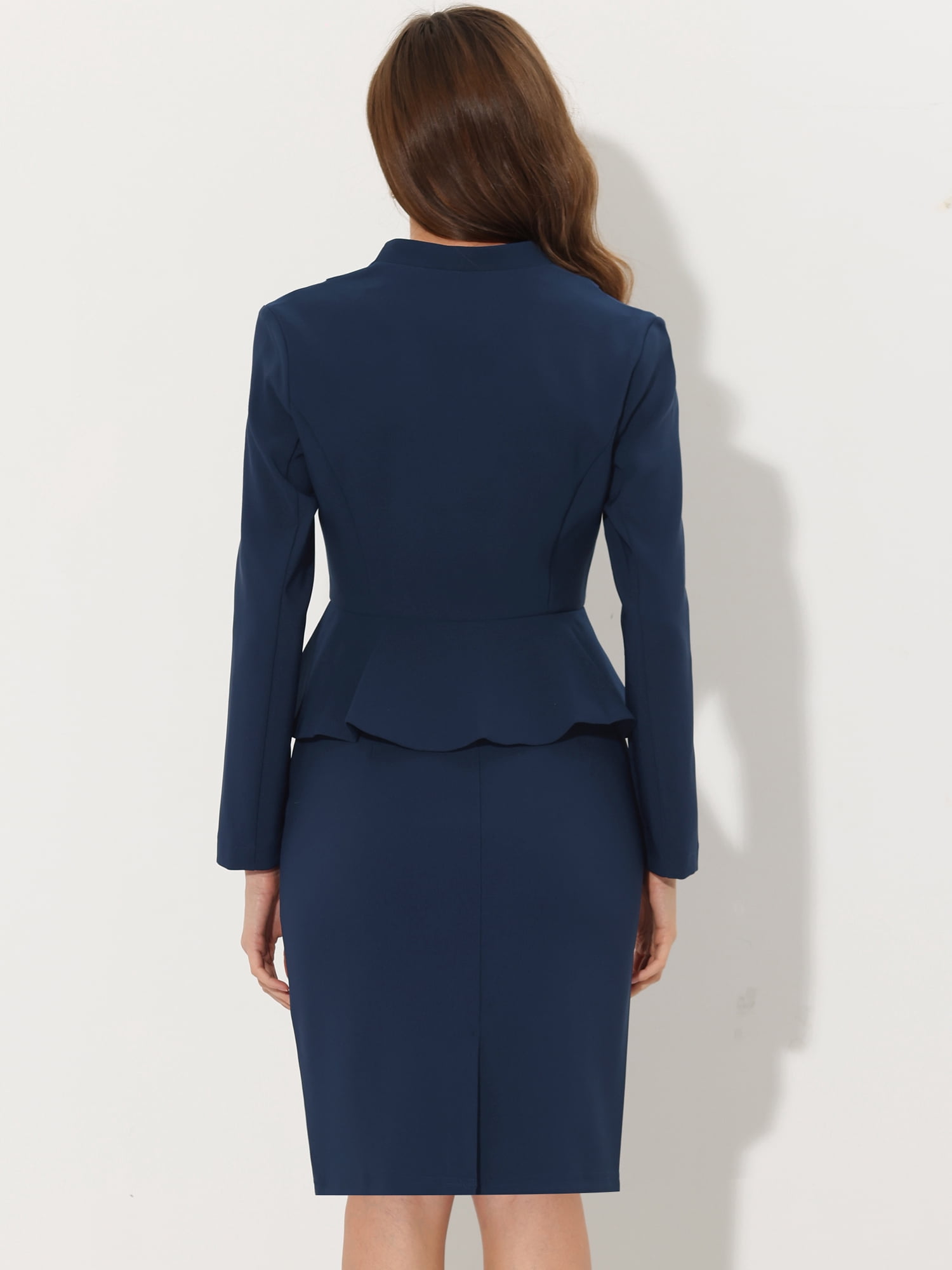 DARING DIVA Women's Collarless Peplum Blazer Sheath Skirts 2 Pcs Suit Set XS Dark Blue