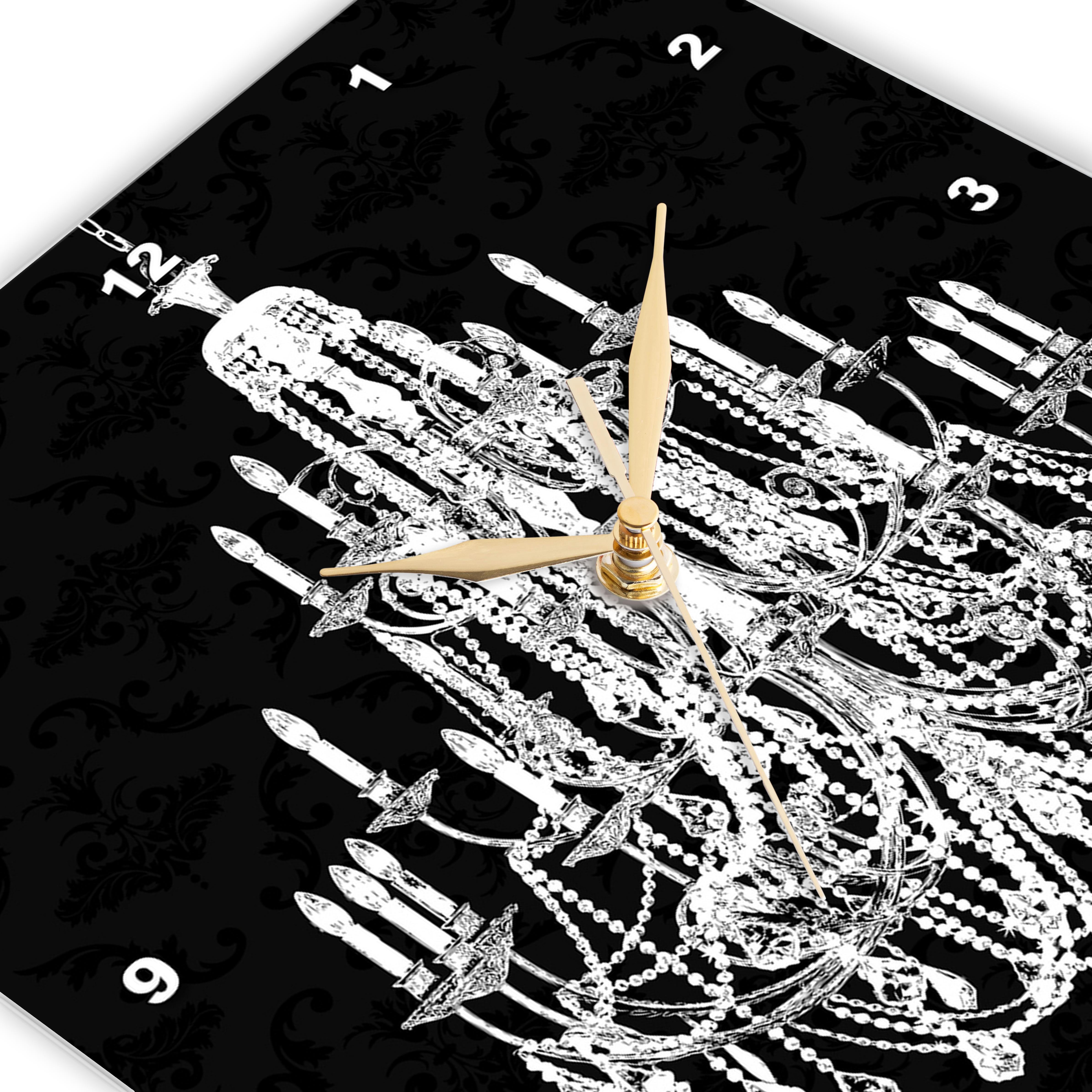 3dRose, Chic White Chandelier with Black damask, 13x13 Wall Clock