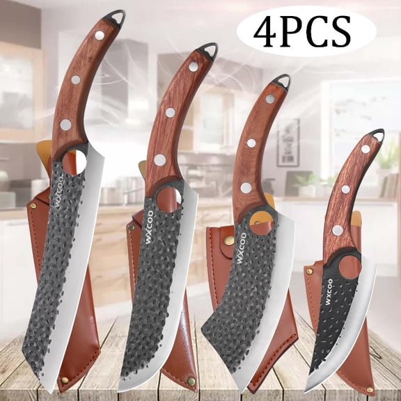 4PCS Stainless Steel Chef Knife Set Vegetable Chopper Utility Paring Kitchen Accessories Gifts for Men Fruit Knives Beef Knife Forged Knife Bread Knife Multipurpose Knife Meat Cleaver Boning Knife