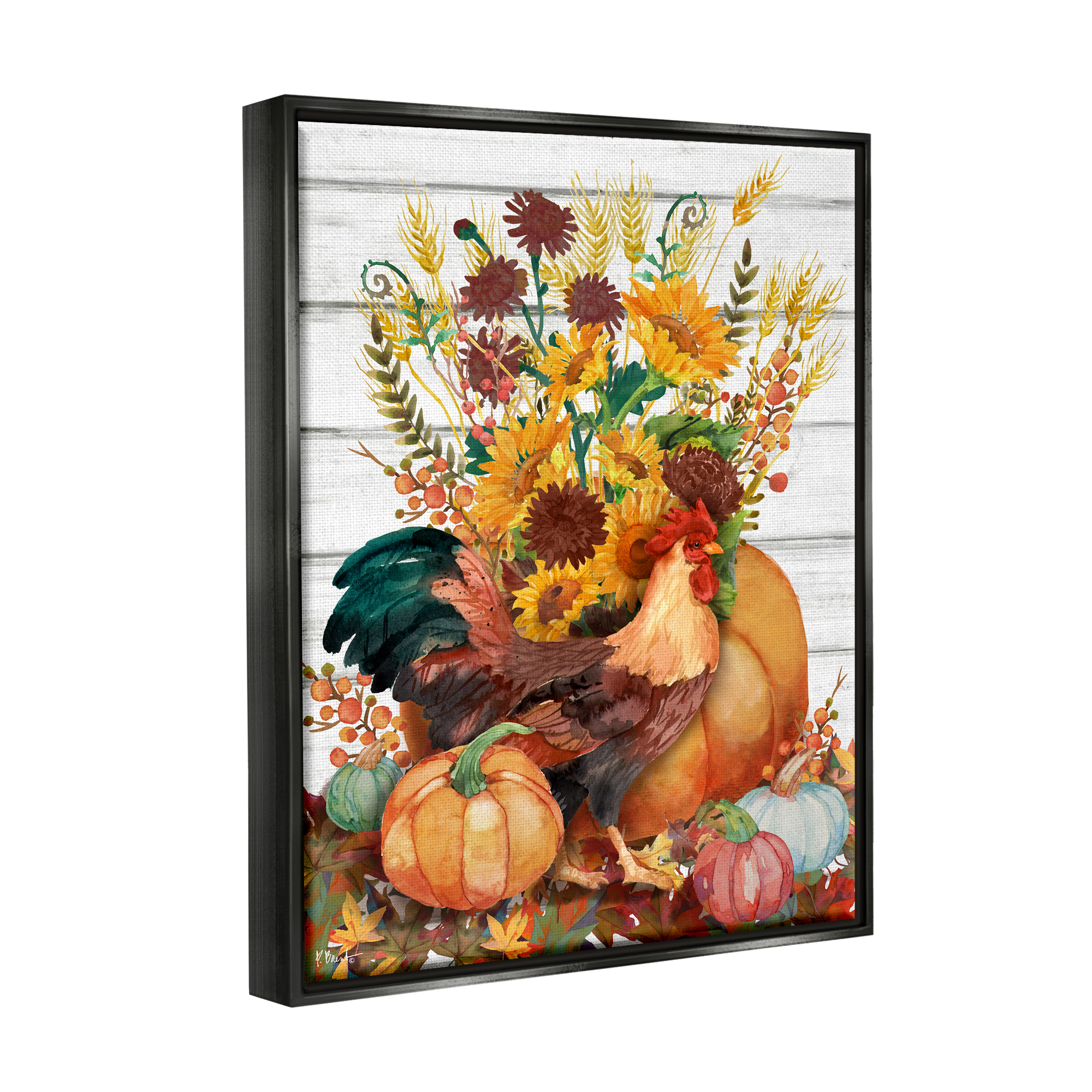 Stupell Industries Rustic Sunflowers & Hen Animals & Insects Painting Black Floater Framed Canvas Art Print Wall Art, 17 x 21