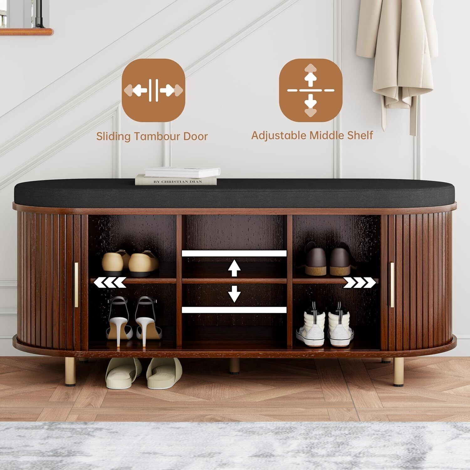 avobird 43.3" 2-Tier Storage Bench,Wide Shoe Bench with Thickened Padded Seat Cushion, Mid Century Modern Fluted Sliding Door and Adjustable Shelf, for Entryway,Bedroom walnut