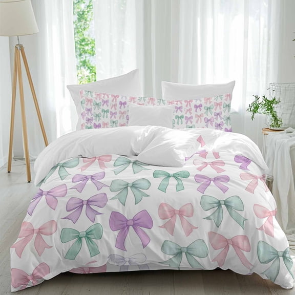 Queen 4 Piece Bedding Set Purple Green Bow Soft Breathable Duvet Cover and Pillowcase,Watercolor Bow-knot Duvet Cover Set Washable Bed Sheets for Bedroom Dormitory Guest Room