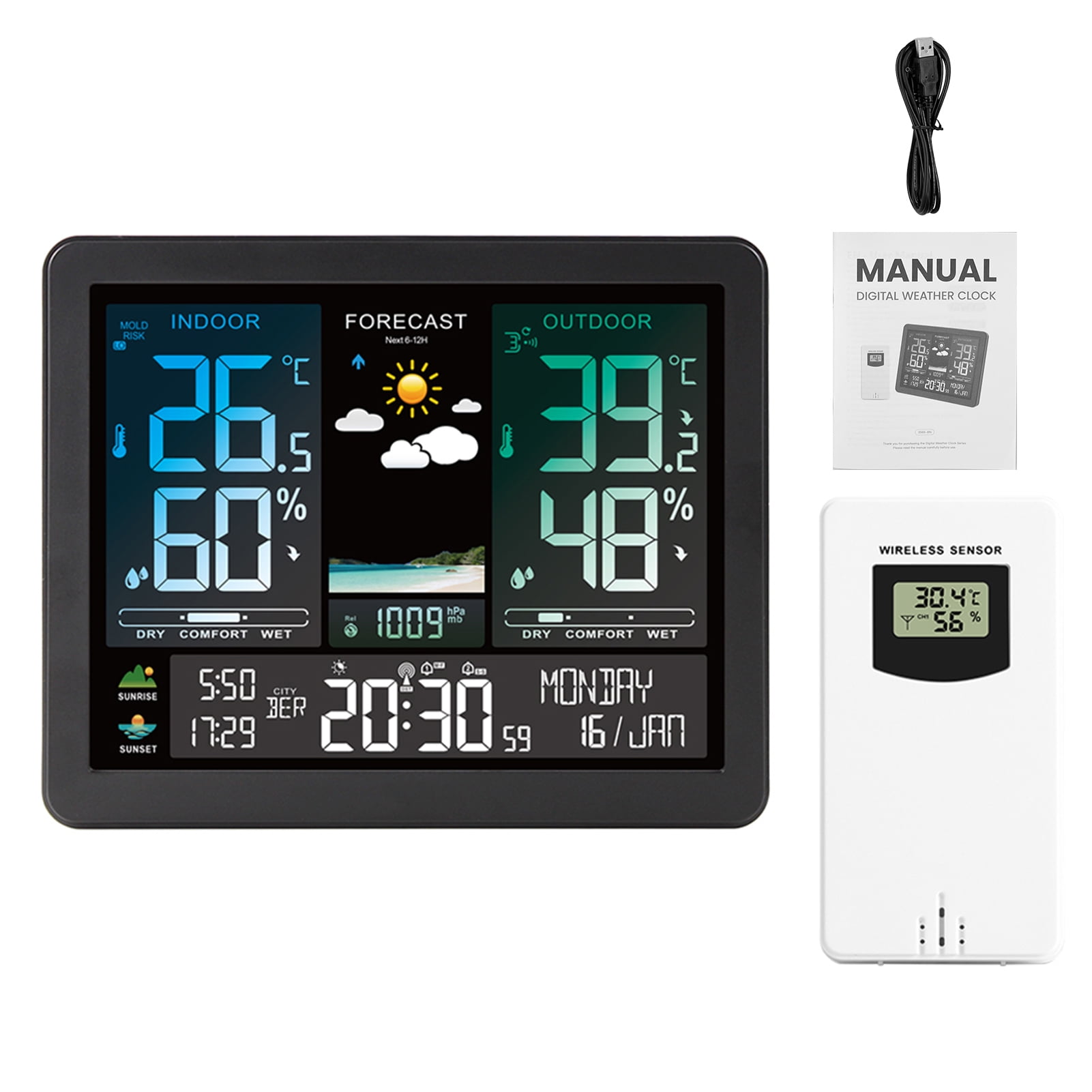 Station Météo Connectée WiFi – 7" LCD, Hygromètre, Réveil, Prévisions ( Neuve )