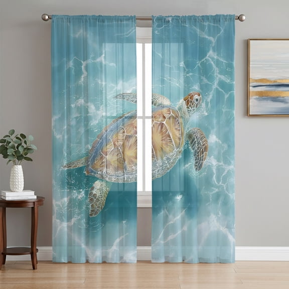 Coastal Sea Turtle Sheer Curtains 96 Inch Length 2 Panels Set, Tropical Ocean Teal Seaside Beach Voile Window Treatment Semi Sheer Long Curtains Drapes for Bedroom/Living Room/Kitchen 52"x96"x2