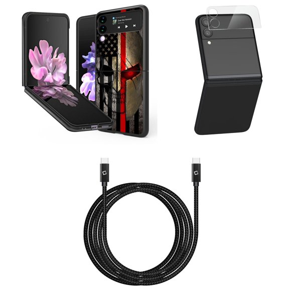 Bemz Premium Bundle for Samsung Galaxy Z Flip 3 5G: Slim Snap-On Protector Case (American Spartan), Rear Camera Glass Protector, Nylon Braided USB-C to USB-C Cable (4 Feet)