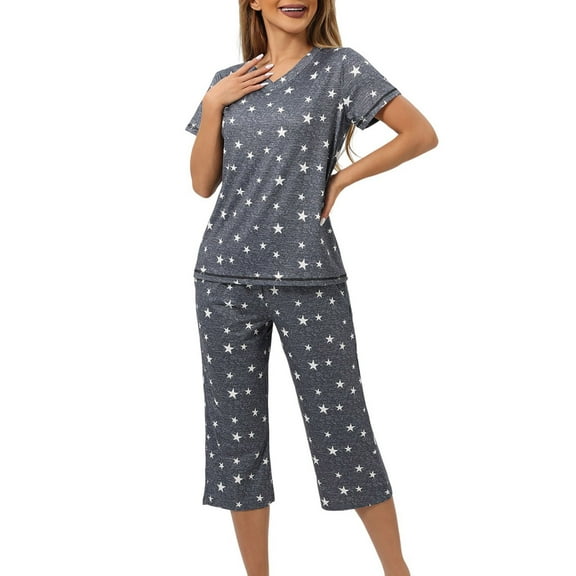 HUJlwoi Short Sleeve Lounge Sets Women Stars Printed Shirt and Capri Pant 2 Piece Pajama Sets Ladies V-Neck Sleepwear Sets