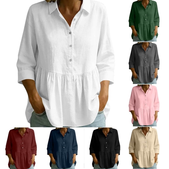Favoffer Womens Linen Blouses 3/4 Sleeve Button Down Casual Shirts Square Neck Summer Tops Lightweight for Work Office Daily