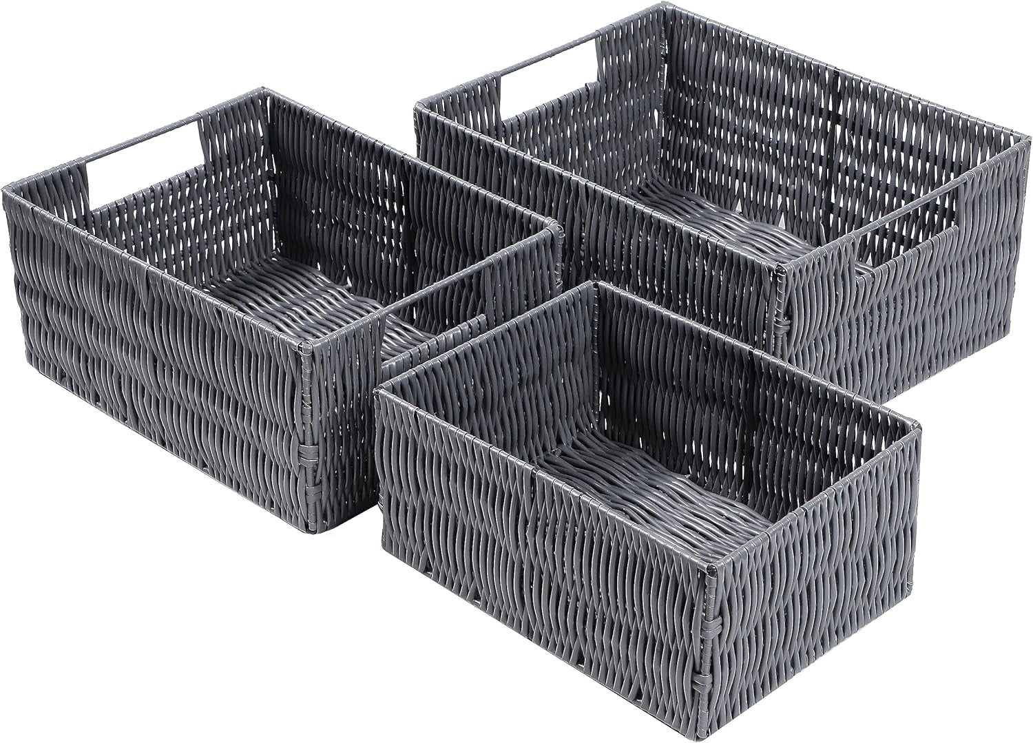 Elevon Rectangle Wicker Storage Baskets for Storage Racks, Shelves, Organizing, Handmade Wicker Storage Baskets Organizer, Waterproof Woven Storage for Toilet Shelf, Laundry Room, Gray, 3-Pack