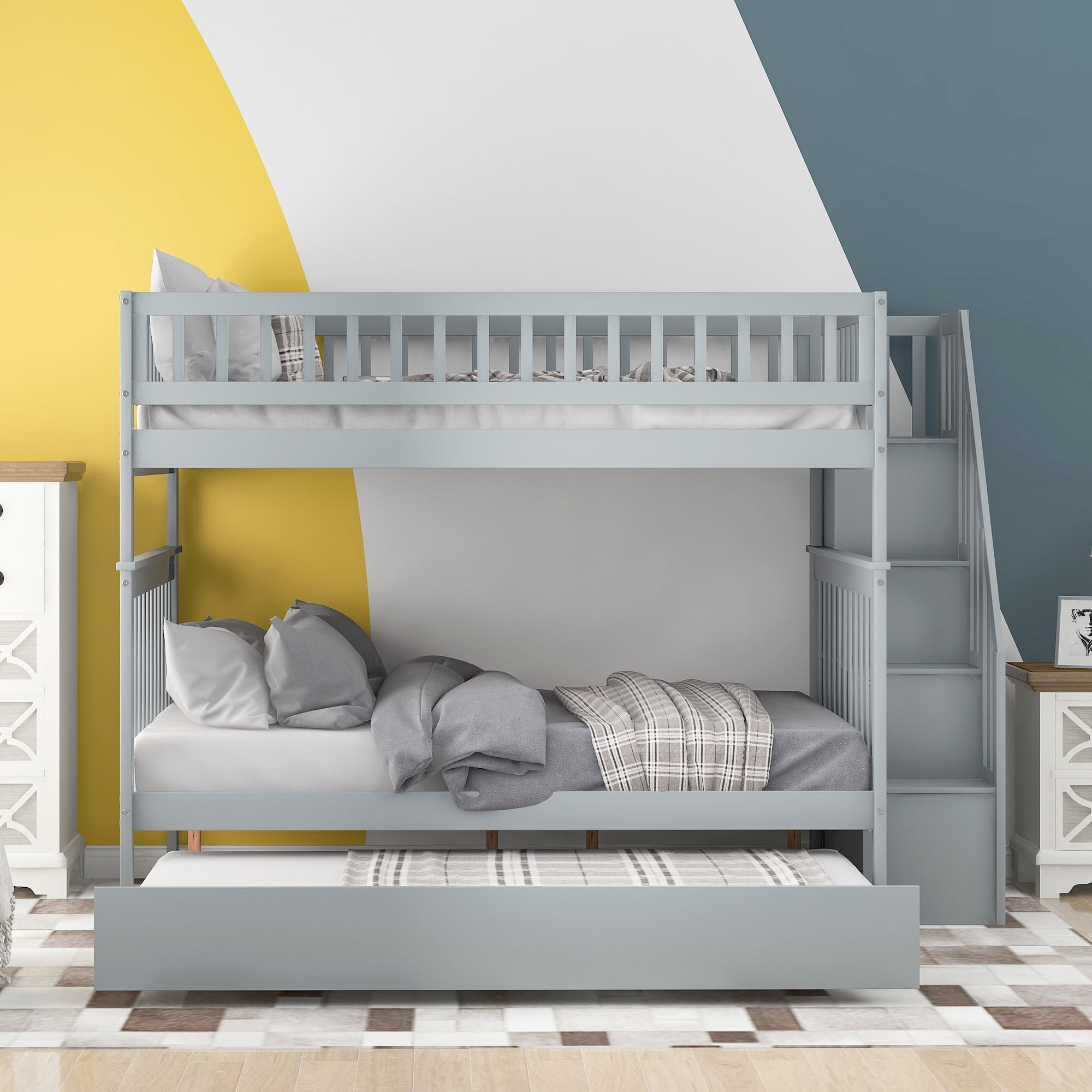 EUROCO Full over Full Bunk Bed with Twin Trundle Bed and Storage Shelves for Kids, Three Beds with Storage for Kids Teens Adults, Gray