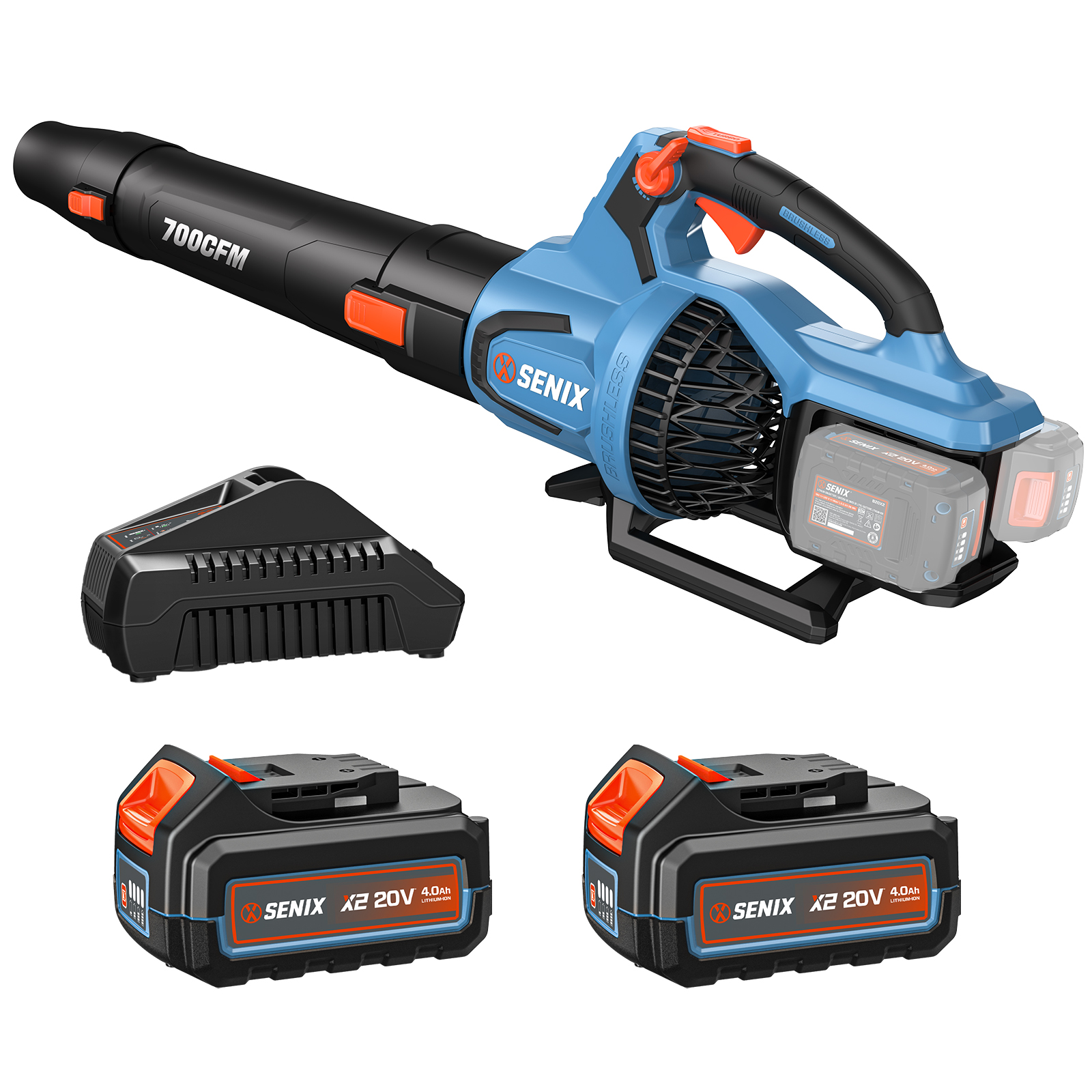 SENIX 40 Volt Max* Cordless Brushless Leaf Blower 700 CFM/145 MPH with 2 x 4.0AH Batteries & Dual-Port Charger Included, Cruise Control, Variable Speeds, BLAX2-M2