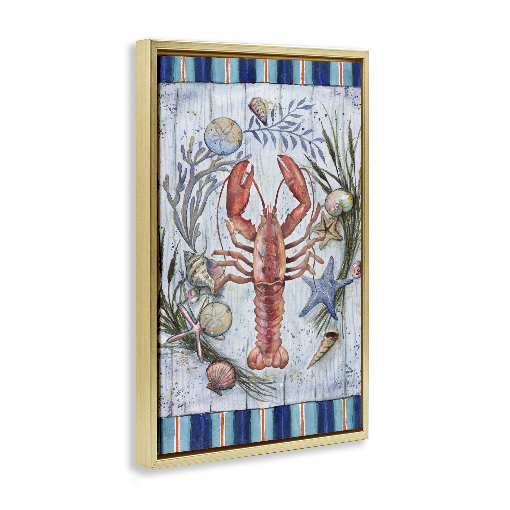 Stupell Industries Coastal Wreath & Lobster Nautical & Beach Painting Gold Floater Framed Canvas Art Print Wall Art, 21 x 31