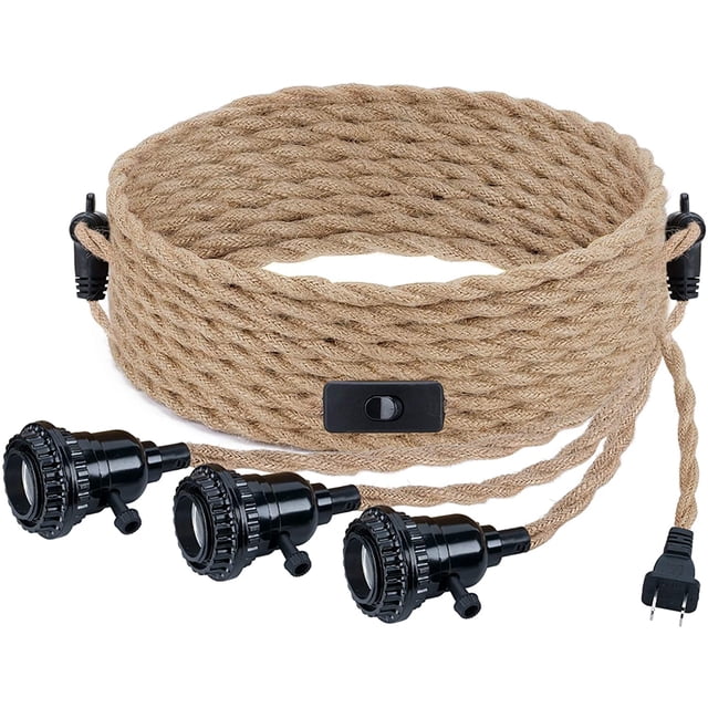 ArcoMead Triple Pendant Light Cord Kit with Independent Switch Hemp Rope Vintage Hanging Lighting Cord Fixture Compatible with E26 for Industrial DIY Projects Decoration