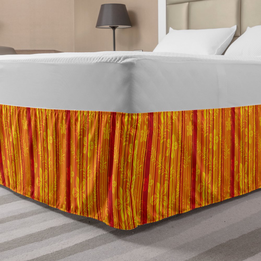 Orange Bed Skirt, Vertically Stripes Pattern with Flowers Swirled Leaves and Dots Design