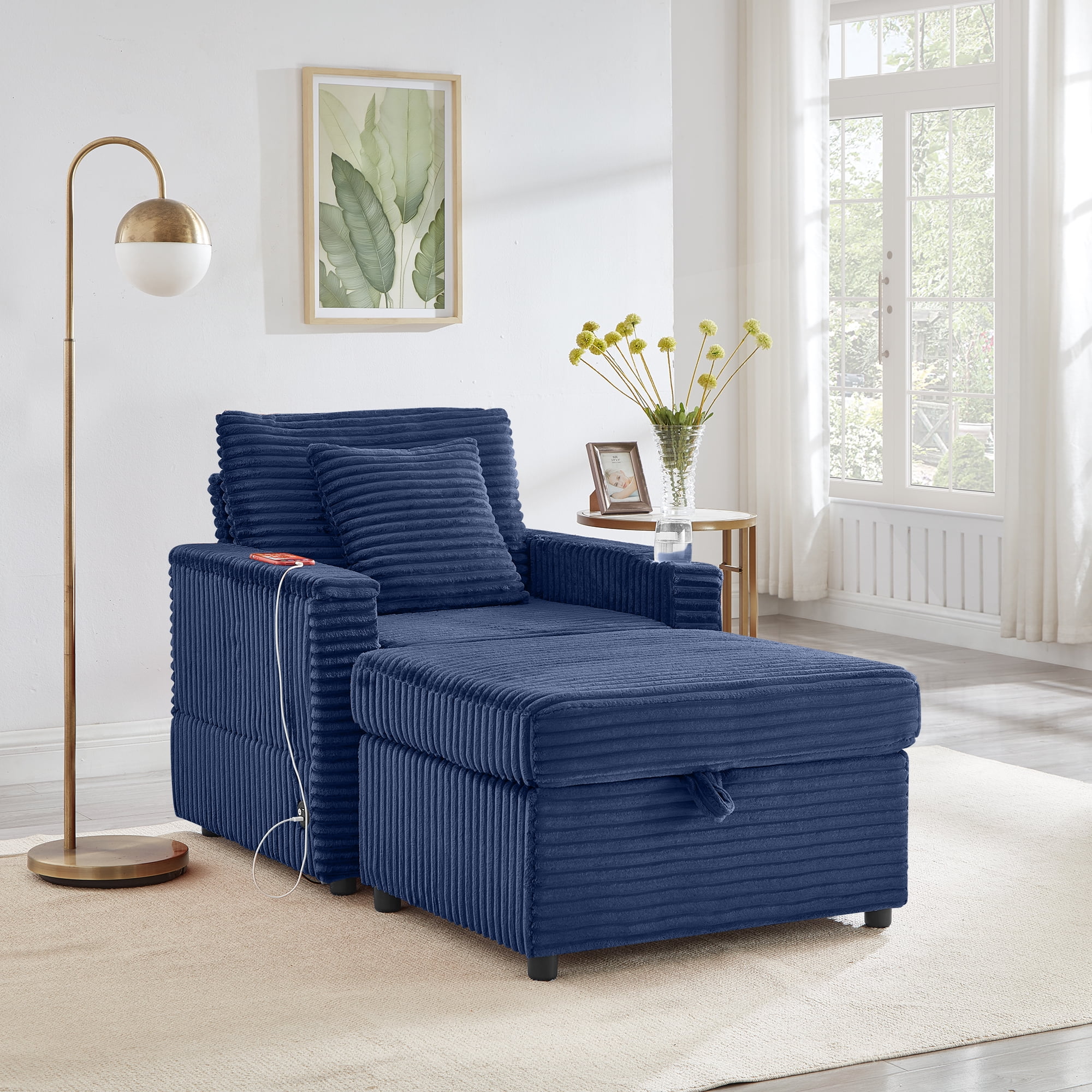 34.5" Soft Chaise Lounge Accent Chair Set with Ottoman, Table Board and Cup Holder