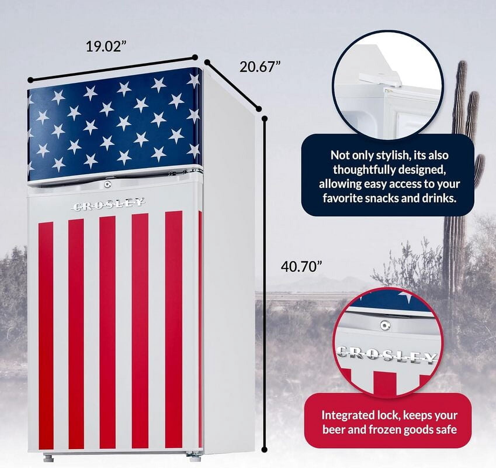 Crosley American Tribute 4.2 Cuft 2-Door Compact Refrigerator, White with American Flag Design