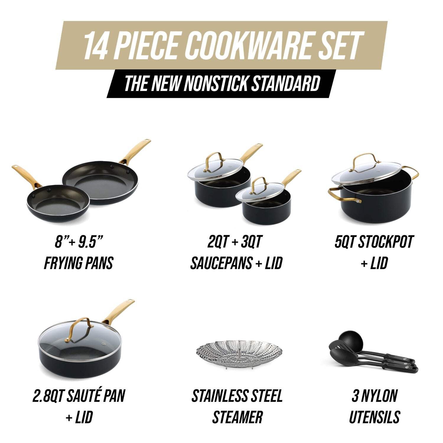 Blue Diamond 14-Piece Ceramic Nonstick Cookware Set – Induction Ready, Gold Handles, Dishwasher Safe, Black