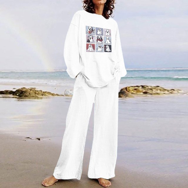 Puntoco Traje De Pantalón Y top Con Cuello Redondo De Manga Larga Con Estampado De Halloween Para Mujer Blanco Xxxxl