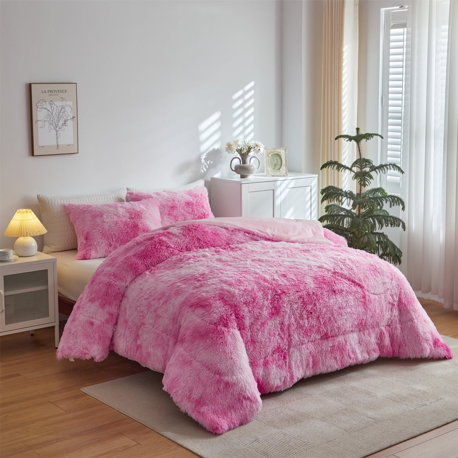 Wajade Plush Shaggy Comforter Set Fluffy Fuzzy Faux Fur Bedding Set - 3PC Microfiber Soft Warm Quilt Set(Pink White Tie Dye,Queen Size)