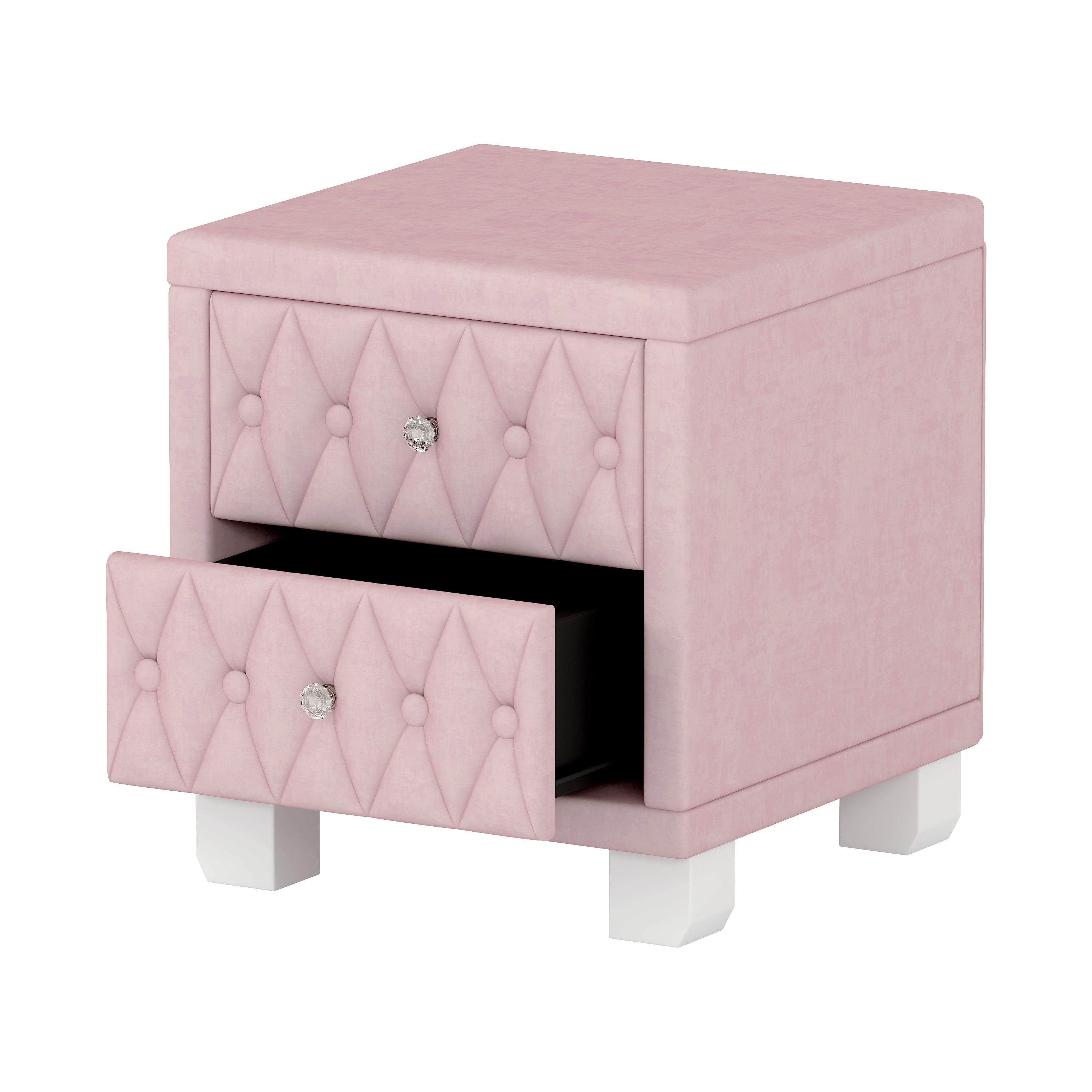 Euroco Velvet Nightstand with 2 Storage Drawers and Crystal Handle,Bedside Table End Table with Button-Tufted for Bedroom Living Room,Pink