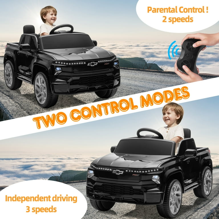 Chevy 12V Ride on Truck Black Motorized Toy with Remote Control LED Lights MP3 Foot Pedal CL220 Walmart