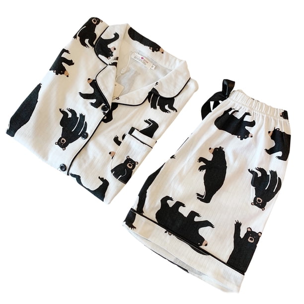 Pijama de verano para mujer, cárdigan fino de algodón, manga corta, pantalones cortos, estampado de oso, ropa de casa (blanco, negro, talla L)