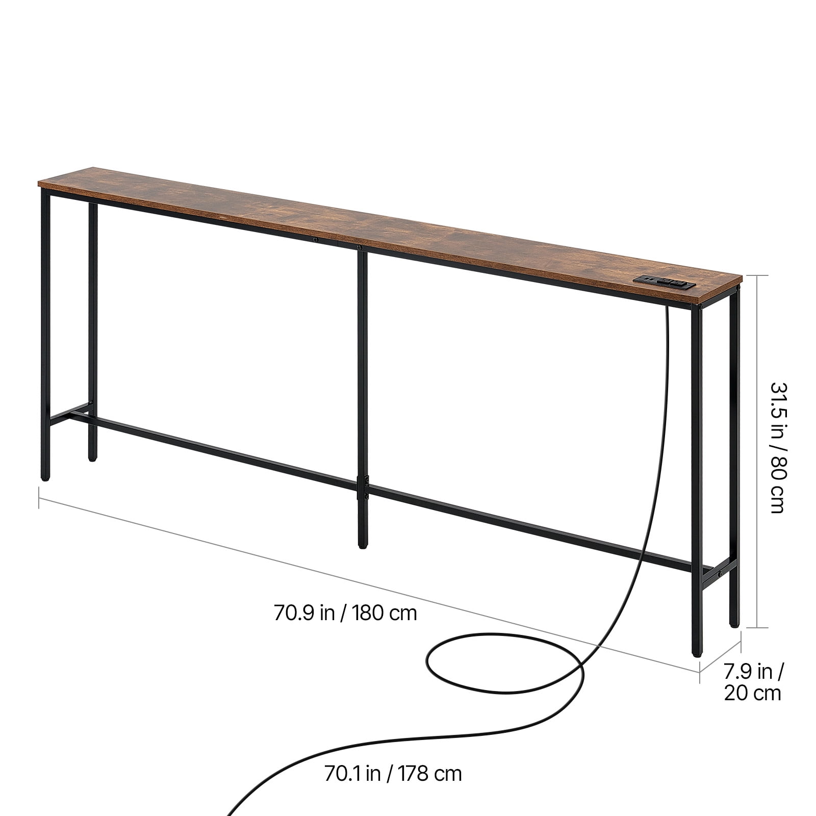 VEVOR Narrow Console Table, 70.9" Behind Couch Table with Power Outlets, 1-Tier Long Entryway Table, Narrow Sofa Table with Metal Frame and Charge Station, for Entryway, Hallway, Living Room
